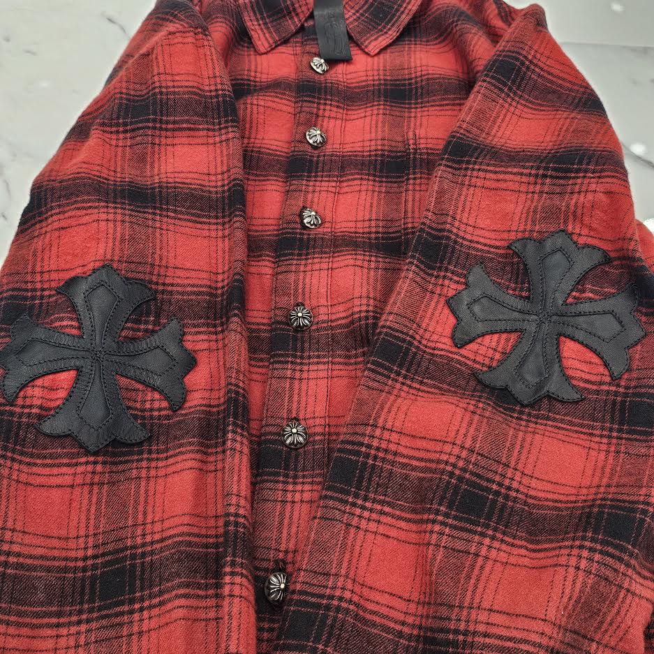 CHROME HEARTS Y NOT CH Plus Leather Patch Flannel Check Shirt Size M クロムハーツ ワイノット CHプラス レザーパッチ フランネル チェックシャツ サイズM
