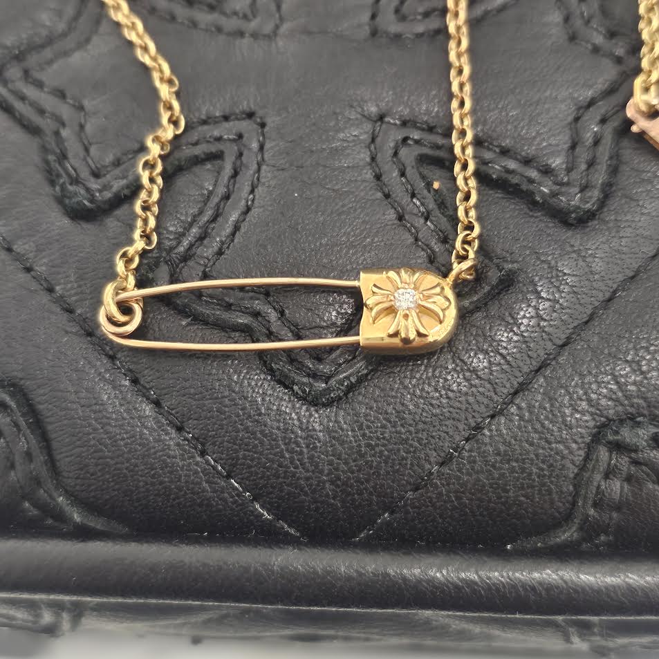 CHROME HEARTS 22K Safety Pin 1 Pave Diamond Roll Chain Necklace Size 18 Inch クロムハーツ 22K セーフティピン 1 パヴェダイヤモンド ロールチェーン ネックレス 18インチ