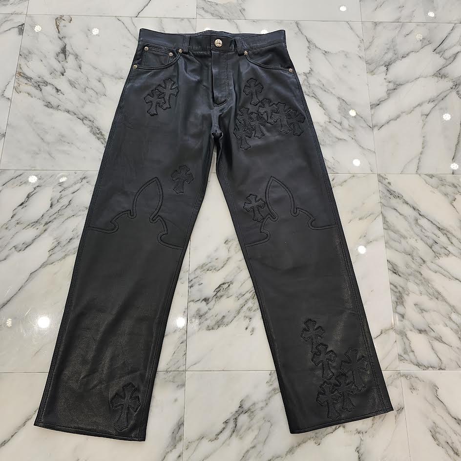 CHROME HEARTS Cemetery Leather Cross Patch Flare Knee Soft Leather Long Pants Size 12Y クロムハーツ セメタリーレザー クロスパッチ フレアニー ソフトレザー ロングパンツ サイズ12Y