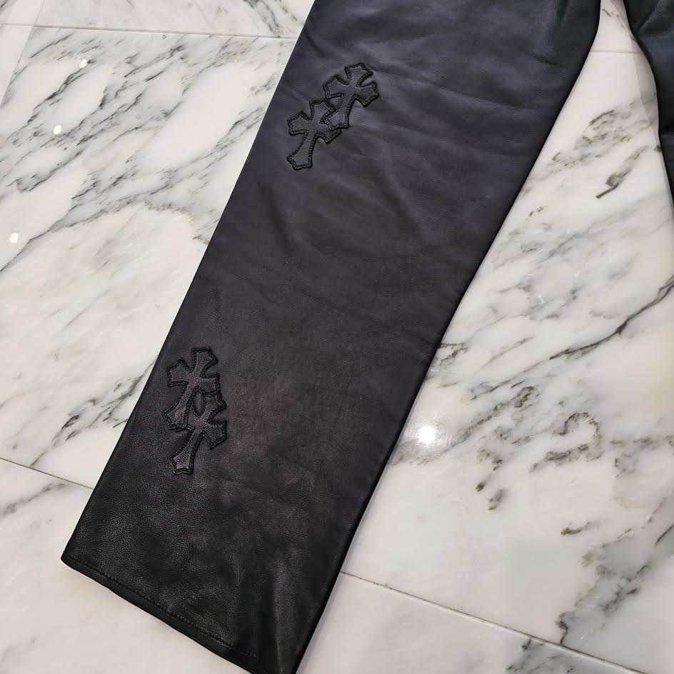 CHROME HEARTS Cemetery Leather Cross Patch Flare Knee Soft Leather Long Pants Size 12Y クロムハーツ セメタリーレザー クロスパッチ フレアニー ソフトレザー ロングパンツ サイズ12Y