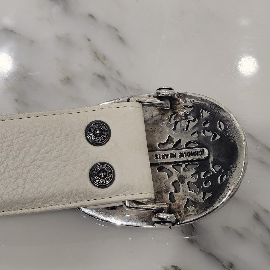 CHROME HEARTS Classic Oval Cross Belt Buckle Scroll Label Rivets Leather Belt Size 32 クロムハーツ クラシックオーバルクロス ベルトバックル スクロールラベル リベッツ レザー ベルト 5穴 サイズ32