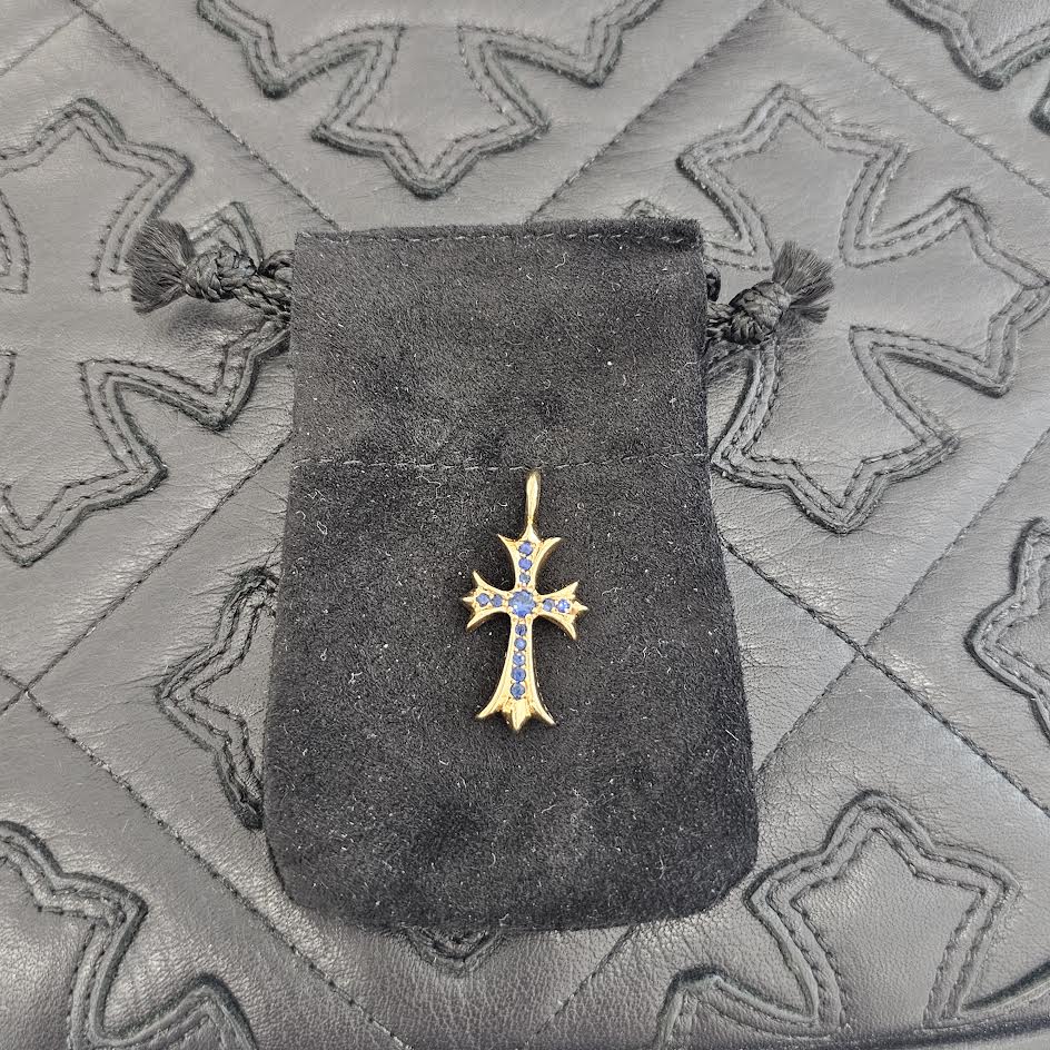 CHROME HEARTS 22K Tiny Fat Cross Pave Sapphire Pendant Top クロム