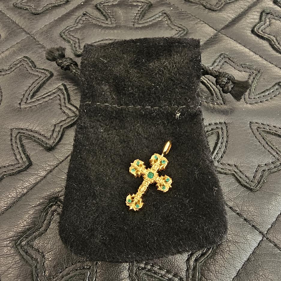 CHROME HEARTS 22K Tiny Filigree Cross Emerald Pendent Top クロムハーツ 22K タイニーフィリグリークロス エメラルド ペンダントトップ