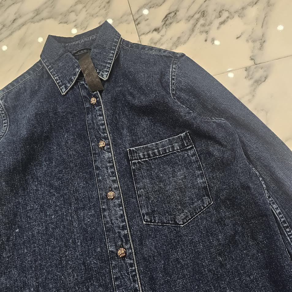 CHROME HEARTS Y NOT Loose Ends Leather Cross Patch Denim Shirt Size M クロムハーツ ワイノット ルーズエンド レザークロスパッチ デニムシャツ サイズM