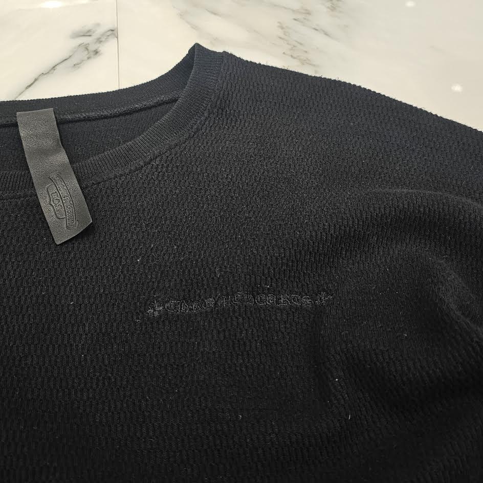 CHROME HEARTS Y NOT Leather Cross Patch Crewneck Thermal Sweat Shirt Size XL クロムハーツ ワイノット レザークロスパッチ クルーネック サーマル スウェットシャツ サイズXL