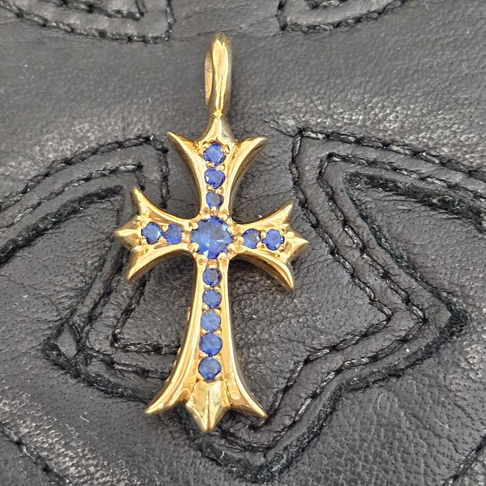 CHROME HEARTS 22K Tiny Fat Cross Pave Sapphire Pendant Top クロム