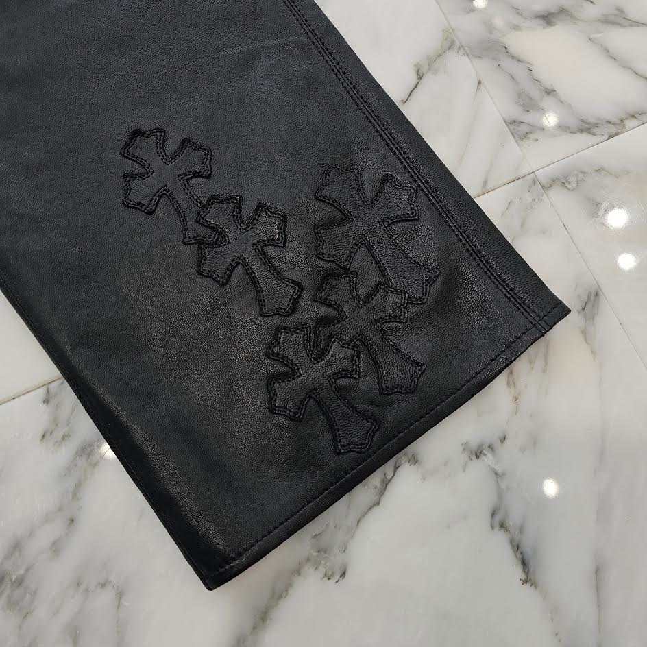 CHROME HEARTS Cemetery Leather Cross Patch Flare Knee Soft Leather Long Pants Size 12Y クロムハーツ セメタリーレザー クロスパッチ フレアニー ソフトレザー ロングパンツ サイズ12Y