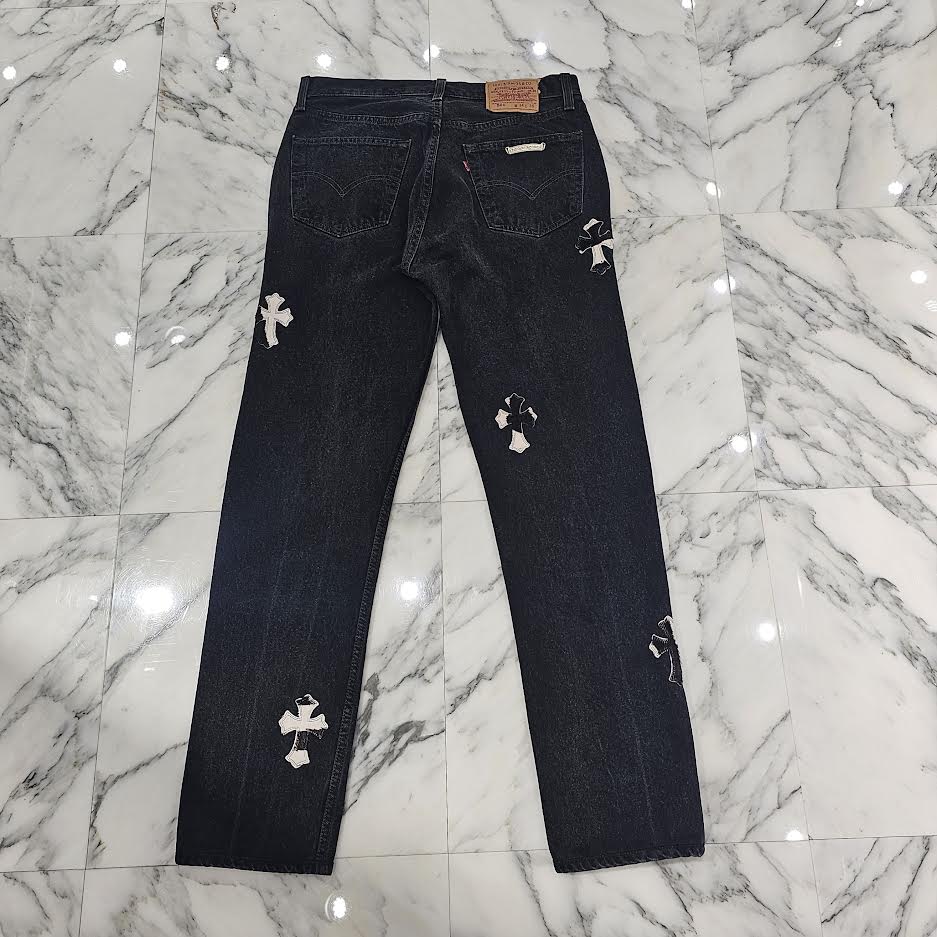 CHROME HEARTS × Levi's 501 VNTG Zebra Harako Leather Cross Patch Denim Pants Size 32 クロムハーツ × リーバイス 501 ヴィンテージ ゼブラ ハラコ レザークロスパッチ デニムパンツ サイズ32