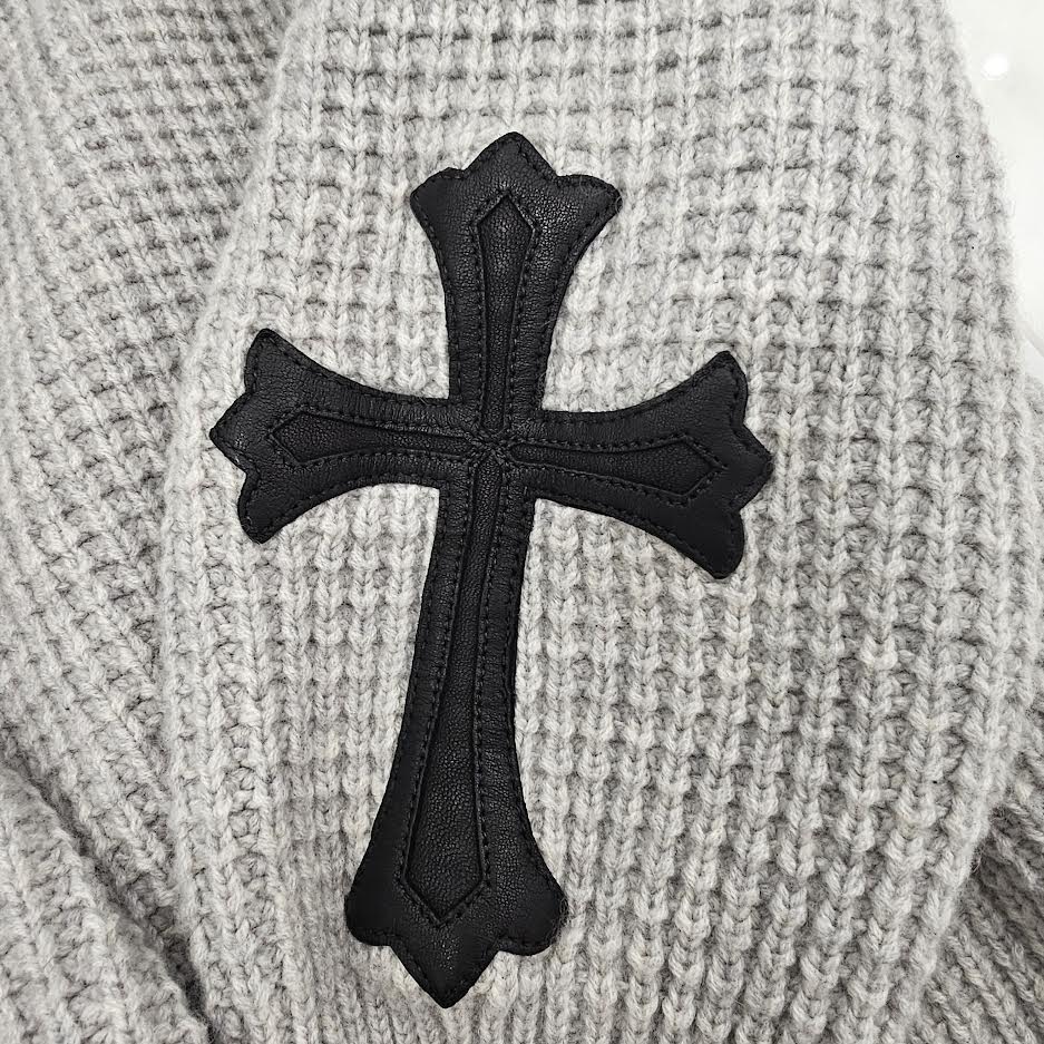 CHROME HEARTS Y NOT Arm Leather Cross Patch Cashmere Knit Sweater Size L クロムハーツ ワイノット 袖レザークロスパッチ カシミヤ ニットセーター サイズL