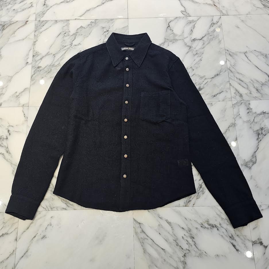 CHROME HEARTS Leather Cross Patch Wool Shirt Size M クロムハーツ レザークロスパッチ ウールシャツ ブラウス サイズM