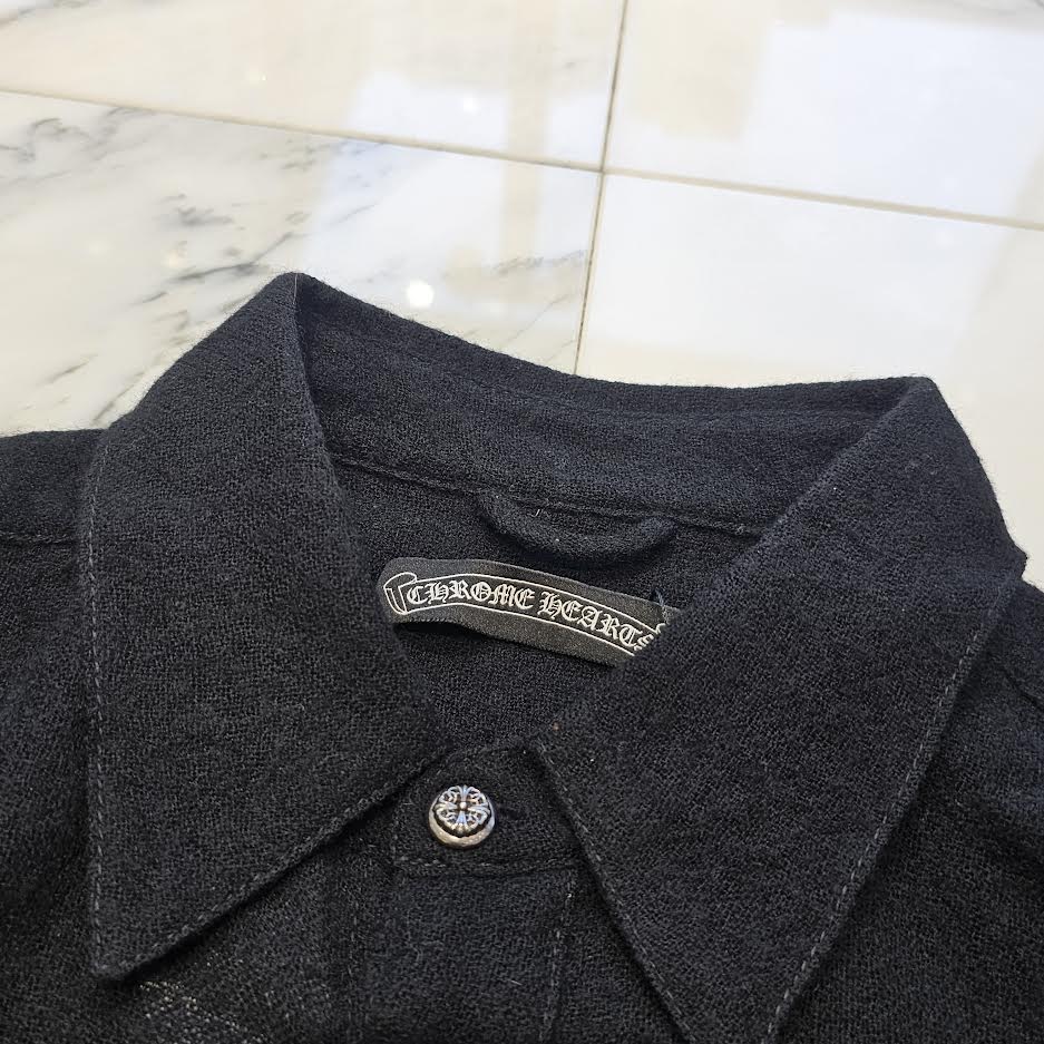 CHROME HEARTS Leather Cross Patch Wool Shirt Size M クロムハーツ レザークロスパッチ ウールシャツ ブラウス サイズM