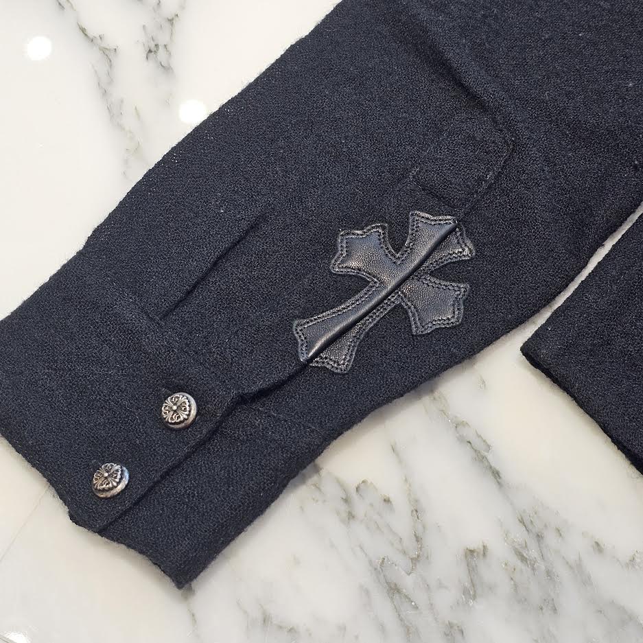 CHROME HEARTS Leather Cross Patch Wool Shirt Size M クロムハーツ レザークロスパッチ ウールシャツ ブラウス サイズM