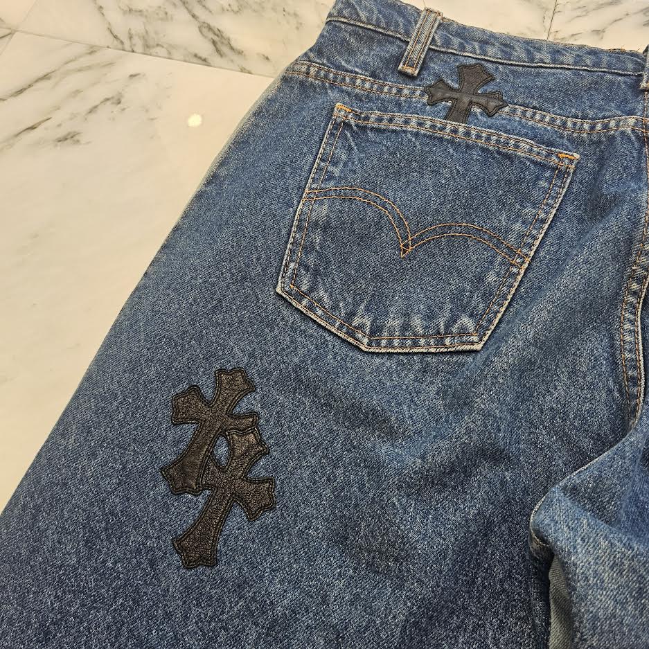 CHROME HEARTS × Levi's 505 VNTG Cross Leather Patch Denim Pants Size 34 クロムハーツ × リーバイス 505 ヴィンテージ クロスレザーパッチ デニムパンツ サイズ34