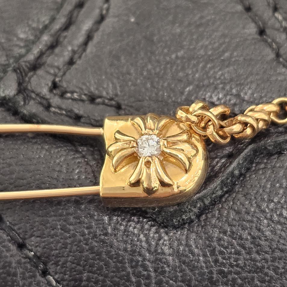 CHROME HEARTS 22K Safety Pin 1 Pave Diamond Roll Chain Necklace Size 18 Inch クロムハーツ 22K セーフティピン 1 パヴェダイヤモンド ロールチェーン ネックレス 18インチ