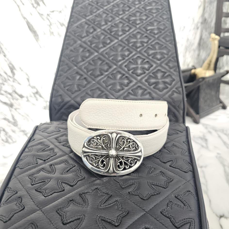 CHROME HEARTS Classic Oval Cross Belt Buckle Scroll Label Rivets Leather Belt Size 32 クロムハーツ クラシックオーバルクロス ベルトバックル スクロールラベル リベッツ レザー ベルト 5穴 サイズ32