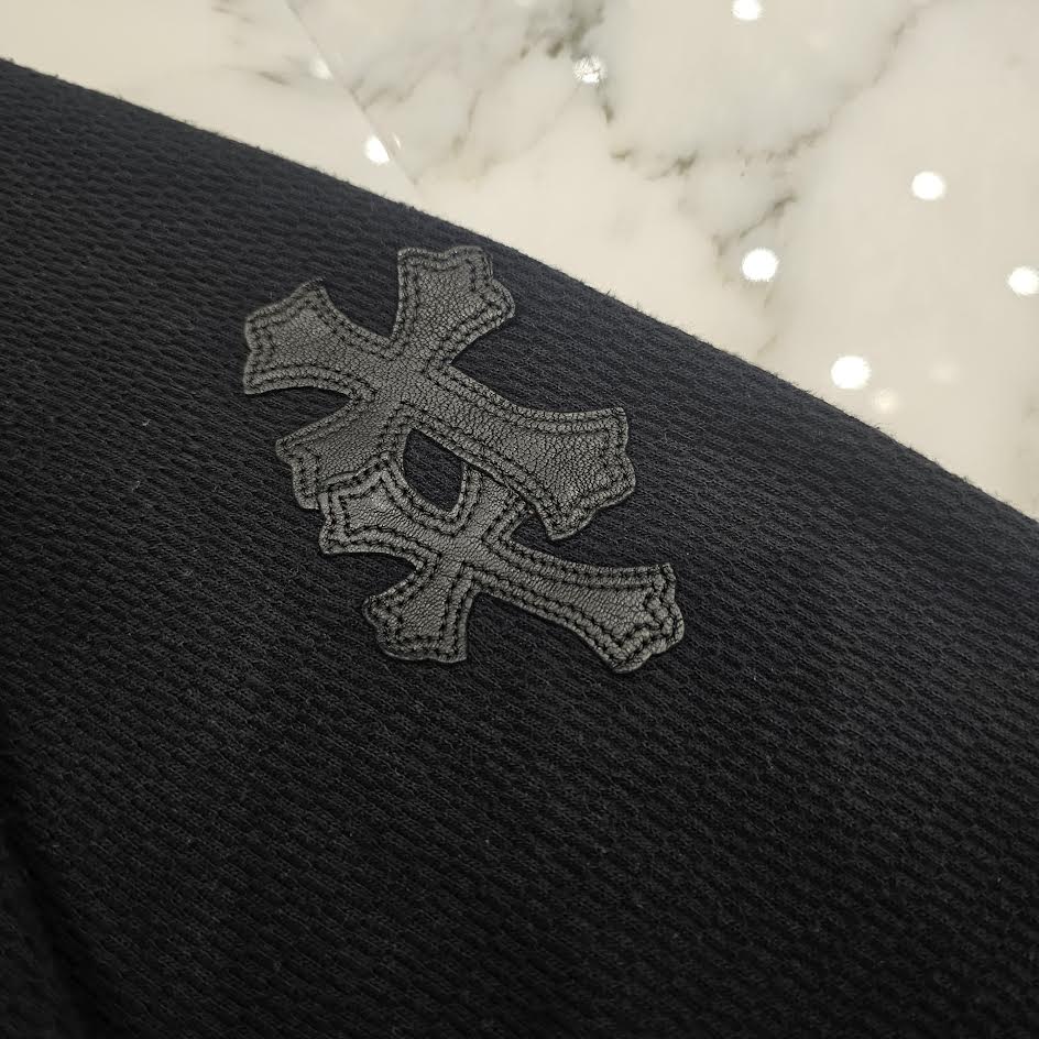 CHROME HEARTS Y NOT Leather Cross Patch Crewneck Thermal Sweat Shirt Size XL クロムハーツ ワイノット レザークロスパッチ クルーネック サーマル スウェットシャツ サイズXL