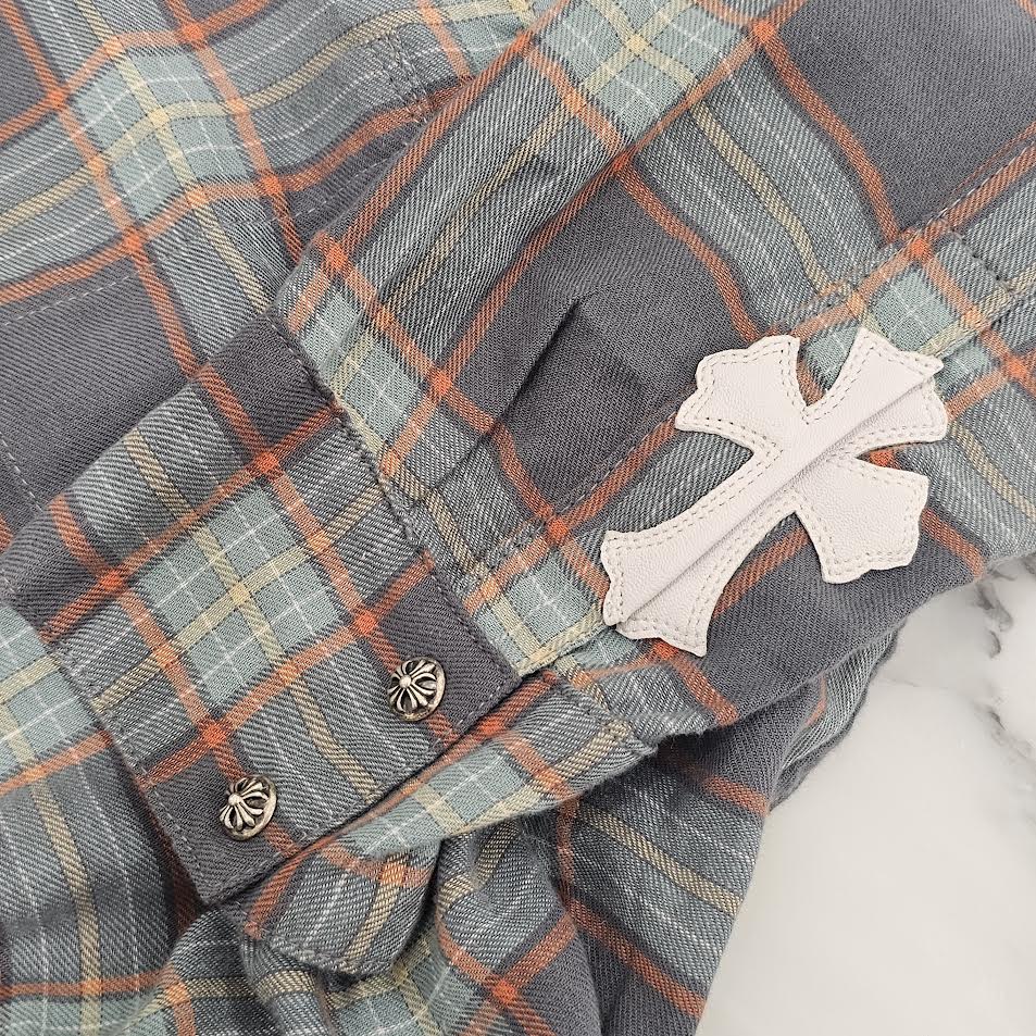 CHROME HEARTS Y NOT Cemetery Cross Leather Patch Check Shirt Size L クロムハーツ ワイノット セメタリークロスパッチ チェックシャツ サイズL