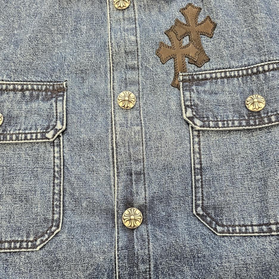 CHROME HEARTS 2025SS Y NOT Leather Cross Patch Denim Shirt Jacket Size M クロムハーツ ワイノット レザークロスパッチ デニムシャツ ジャケット サイズM