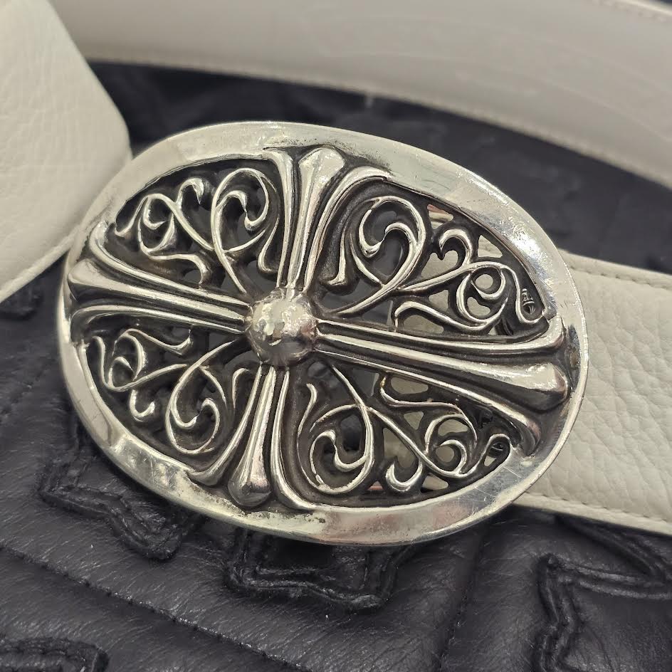 CHROME HEARTS Classic Oval Cross Belt Buckle Scroll Label Rivets Leather Belt Size 32 クロムハーツ クラシックオーバルクロス ベルトバックル スクロールラベル リベッツ レザー ベルト 5穴 サイズ32