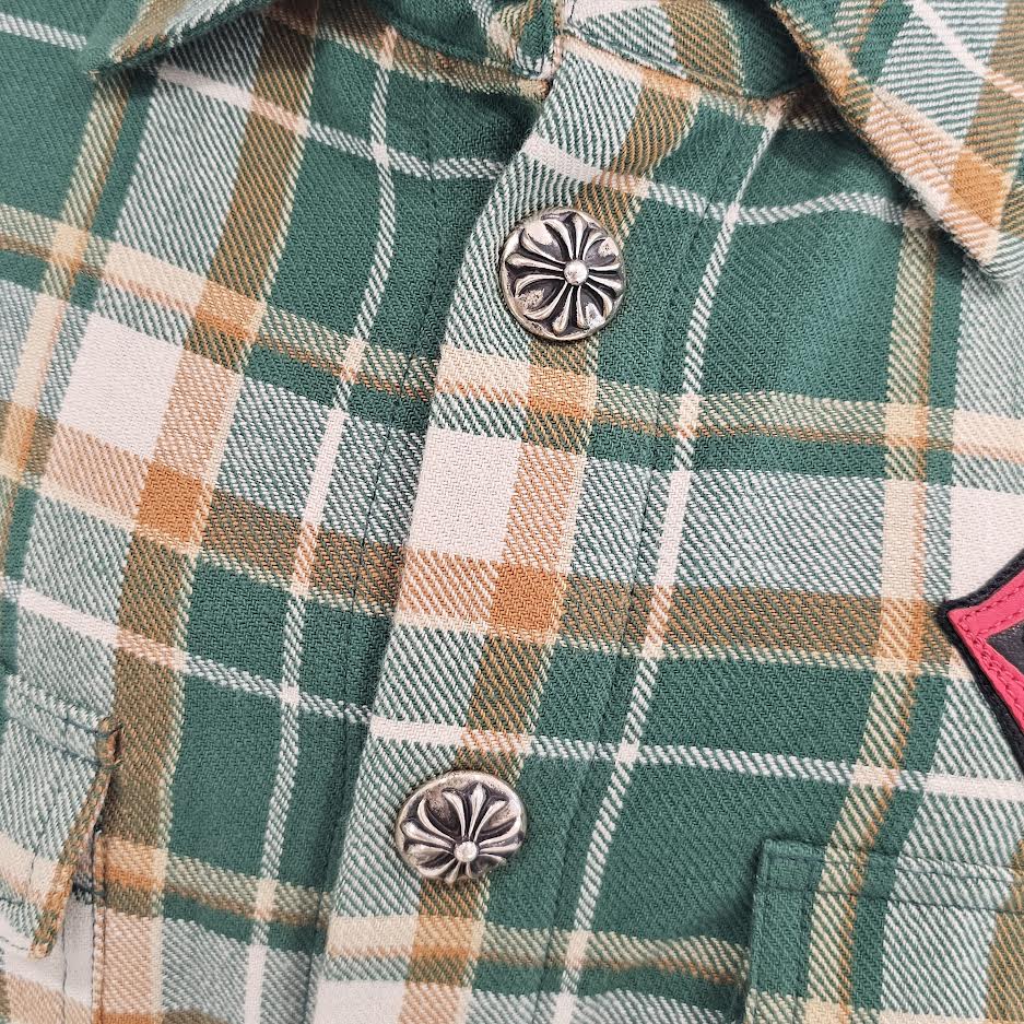 CHROME HEARTS × MATTY BOY Chomper Leather Patch Flannel Check Short Sleeve Shirt Size M クロムハーツ×マティボーイ チョンパーレザーパッチ フランネルチェック ショートスリーブシャツ サイズM