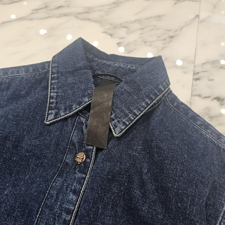 CHROME HEARTS Y NOT Loose Ends Leather Cross Patch Denim Shirt Size M クロムハーツ ワイノット ルーズエンド レザークロスパッチ デニムシャツ サイズM