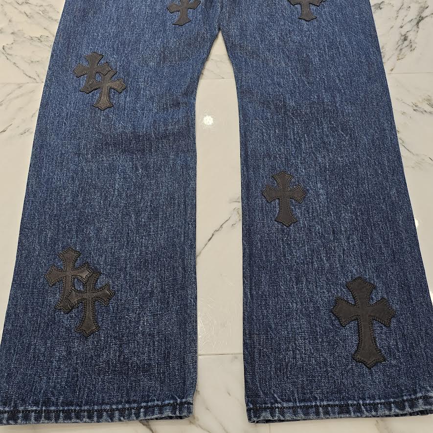 CHROME HEARTS Flare Knee Cross Leather Patch Jeans Size 33 クロムハーツ フレアニー クロスレザーパッチ デニムパンツ サイズ33