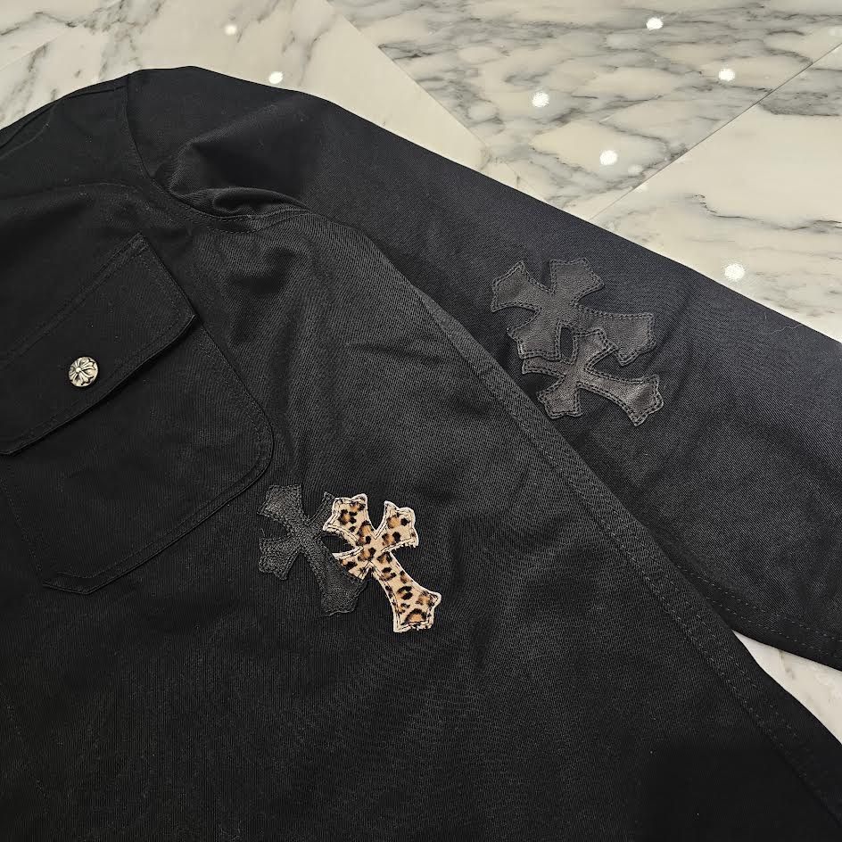 CHROME HEARTS Y NOT WORK DOG Leopard Harako Leather Cross Patch Shirt Jacket Size XXL クロムハーツ ワイノット ワークドッグ レオパード ハラコ レザークロスパッチ シャツジャケット サイズXXL