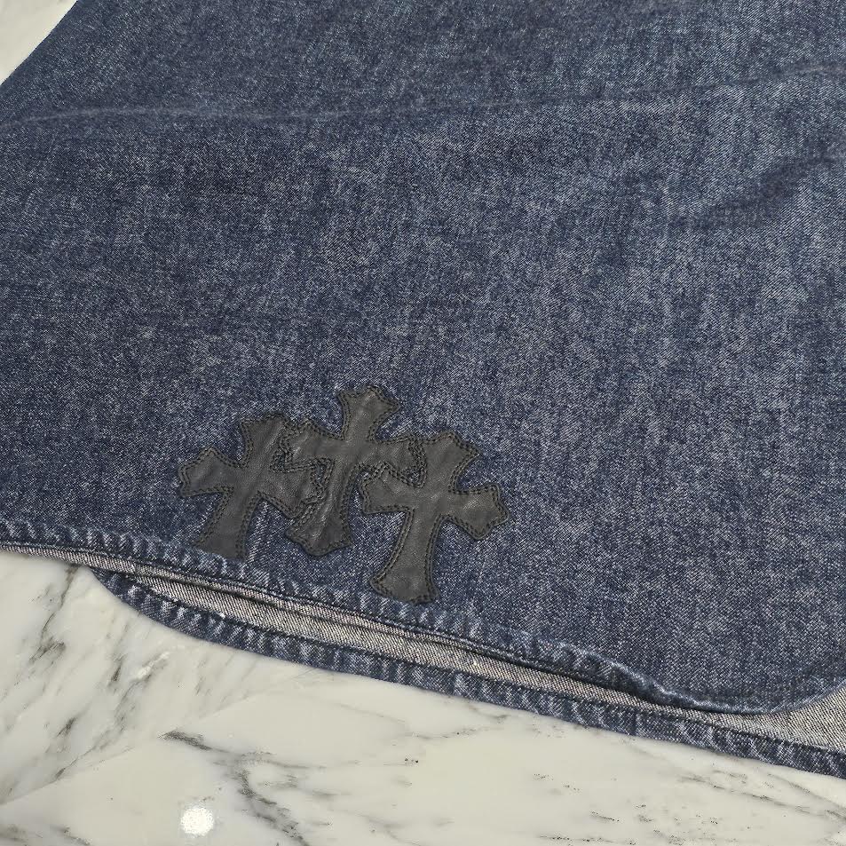 CHROME HEARTS Cross Ball Button Leather Denim Docking Dress Shirt Size S クロムハーツ クロスボールボタン レザー切替デニム ドッキング ワンピースシャツ サイズS