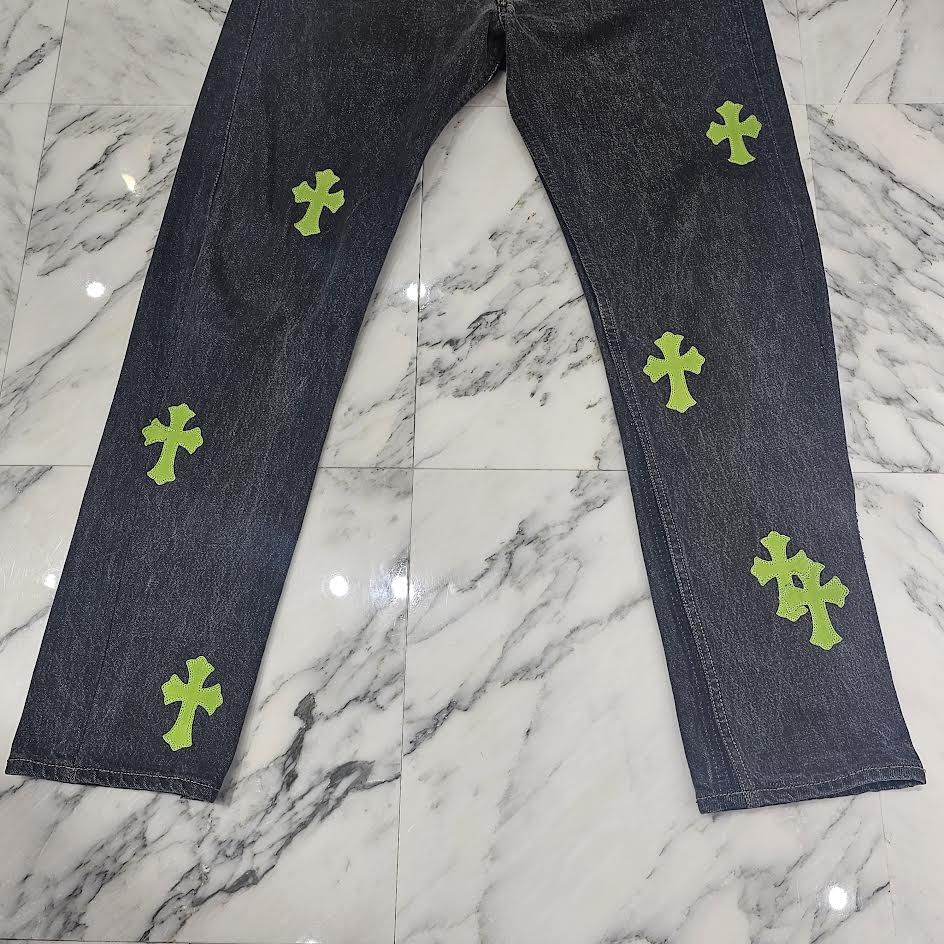 CHROME HEARTS × Levi's 501 VNTG Neon Green Leather Cross Patch Jeans Size 36 クロムハーツ × リーバイス 501 ヴィンテージ ネオングリーン レザークロスパッチ ジーンズ  デニムパンツ サイズ36