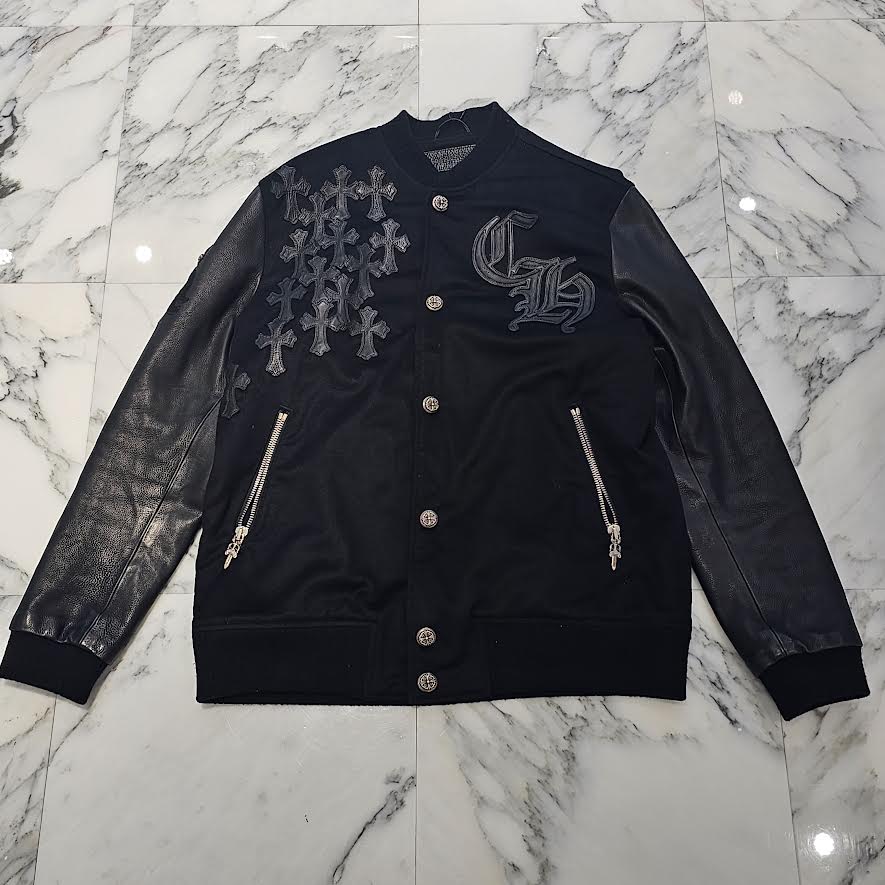 クロム　レターマンジャケット　クロスパッチ CHROME HEARTS LETTER MAN Cemetery Cross Patch Cashmere Leather