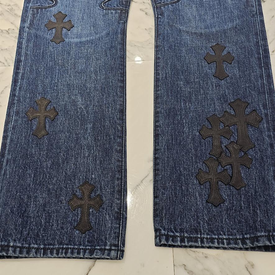 CHROME HEARTS Flare Knee Cross Leather Patch Jeans Size 33 クロムハーツ フレアニー クロスレザーパッチ デニムパンツ サイズ33