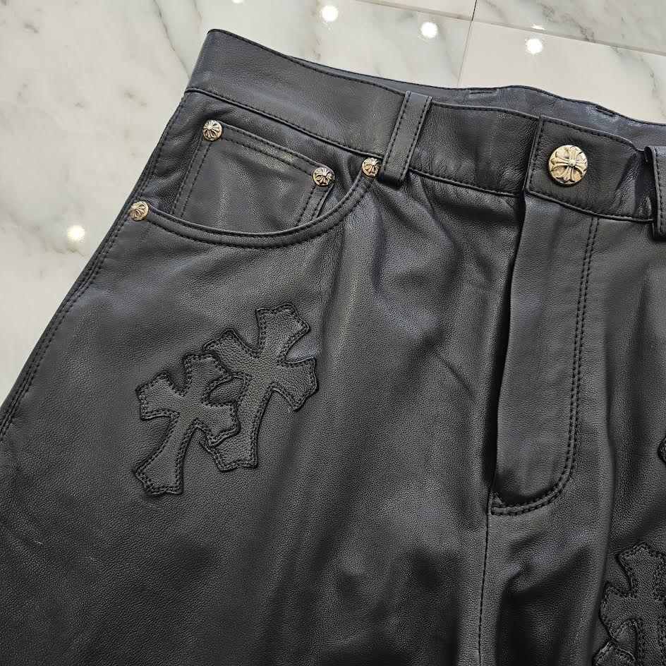 CHROME HEARTS Cemetery Leather Cross Patch Flare Knee Soft Leather Long Pants Size 12Y クロムハーツ セメタリーレザー クロスパッチ フレアニー ソフトレザー ロングパンツ サイズ12Y