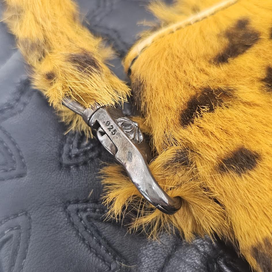 CHROME HEARTS Leopard Cross Leather Patch Fur Zipper Change Purse