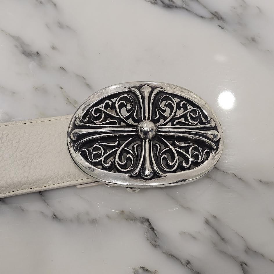 CHROME HEARTS Classic Oval Cross Belt Buckle Scroll Label Rivets Leather Belt Size 32 クロムハーツ クラシックオーバルクロス ベルトバックル スクロールラベル リベッツ レザー ベルト 5穴 サイズ32