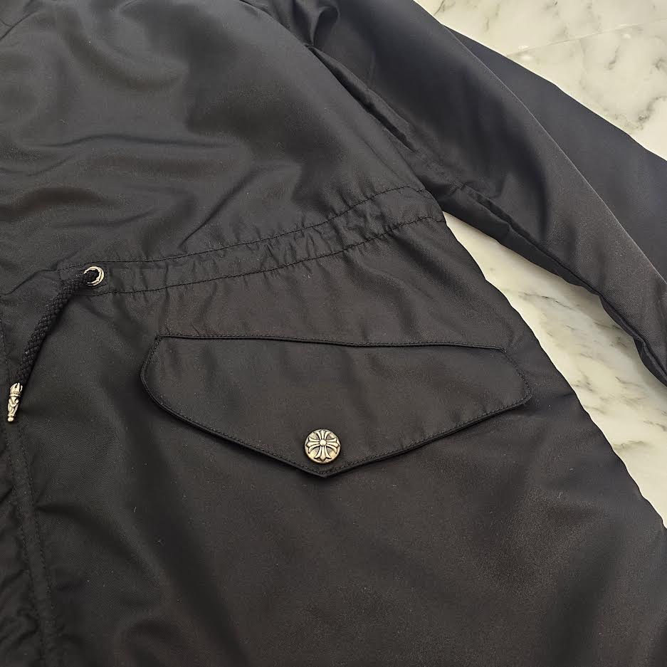 CHROME HEARTS PUDDLES Cemetery Cross Leather Patch Zip-Up Nylon Hooded Coat Size M クロムハーツ パドルズ セメタリークロス レザーパッチ ジップアップ ナイロン フーデッド コート サイズM