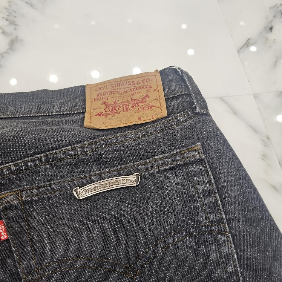 CHROME HEARTS × Levi's 501 VNTG Neon Green Leather Cross Patch Jeans Size 36 クロムハーツ × リーバイス 501 ヴィンテージ ネオングリーン レザークロスパッチ ジーンズ  デニムパンツ サイズ36