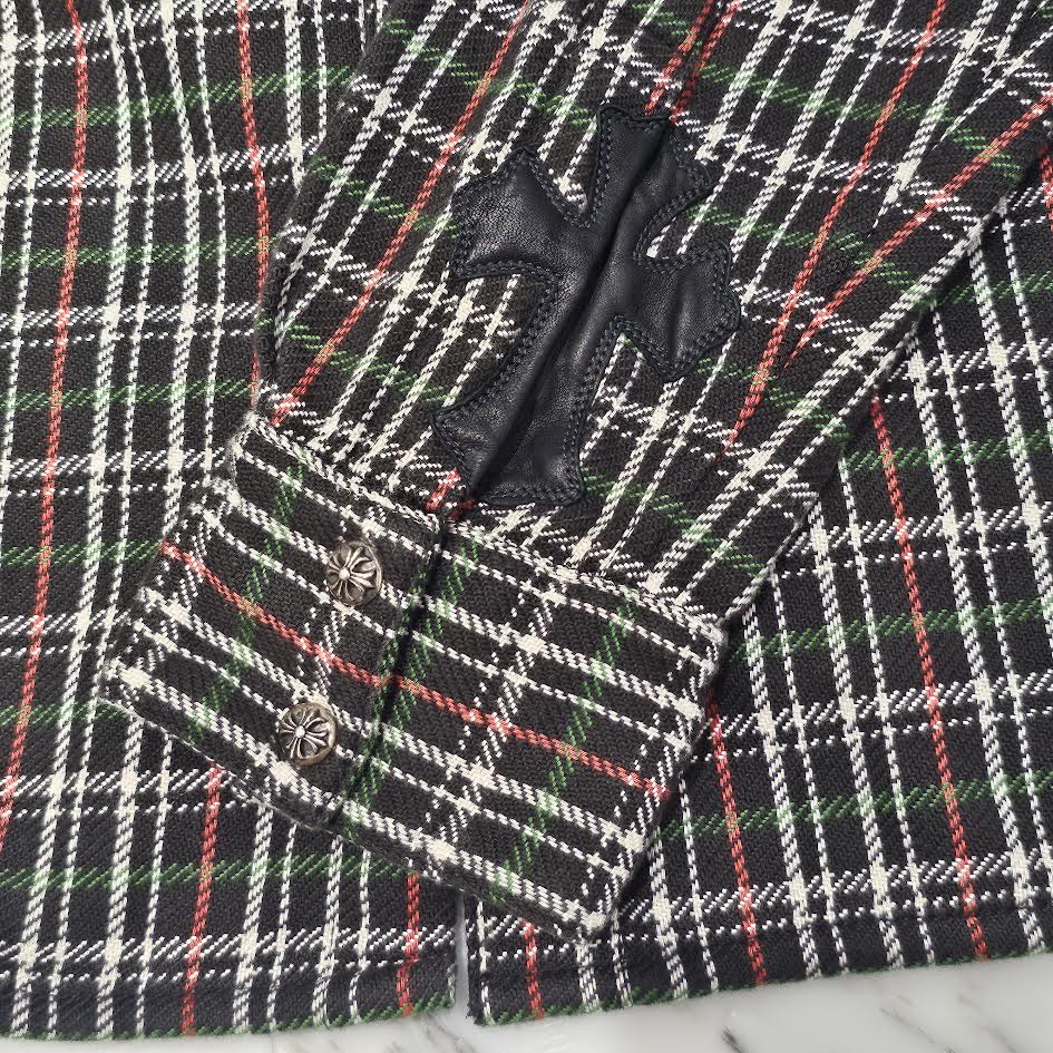 CHROME HEARTS Y NOT Cross Ball Button Cross Leather Patch Check Shirt Size S クロムハーツ ワイノット クロスボールボタン クロスレザーパッチ チェックシャツ サイズS