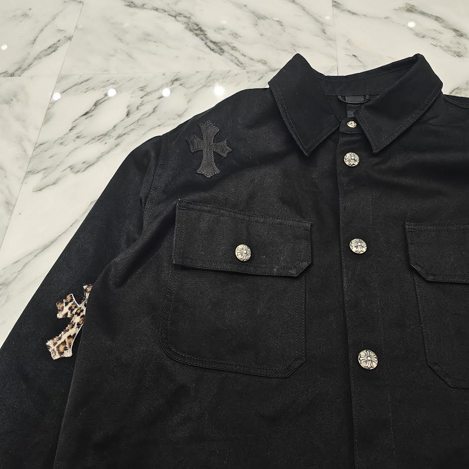 CHROME HEARTS Y NOT WORK DOG Leopard Harako Leather Cross Patch Shirt Jacket Size XXL クロムハーツ ワイノット ワークドッグ レオパード ハラコ レザークロスパッチ シャツジャケット サイズXXL