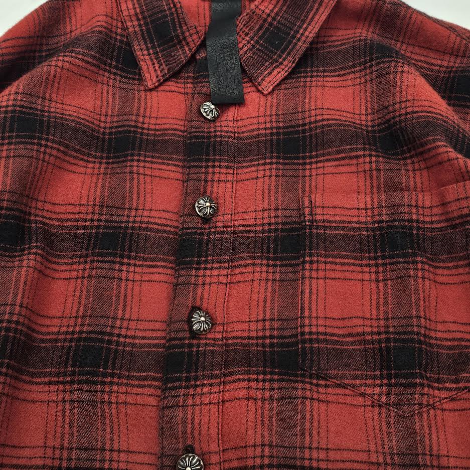 CHROME HEARTS Y NOT CH Plus Leather Patch Flannel Check Shirt Size M クロムハーツ ワイノット CHプラス レザーパッチ フランネル チェックシャツ サイズM