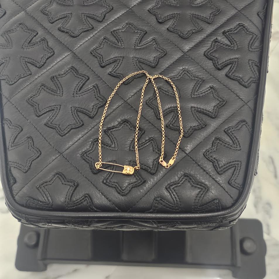 CHROME HEARTS 22K Safety Pin 1 Pave Diamond Roll Chain Necklace Size 18 Inch クロムハーツ 22K セーフティピン 1 パヴェダイヤモンド ロールチェーン ネックレス 18インチ