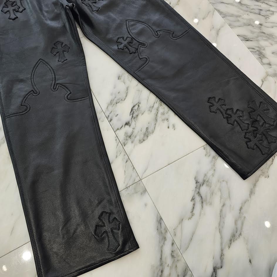 CHROME HEARTS Cemetery Leather Cross Patch Flare Knee Soft Leather Long Pants Size 12Y クロムハーツ セメタリーレザー クロスパッチ フレアニー ソフトレザー ロングパンツ サイズ12Y