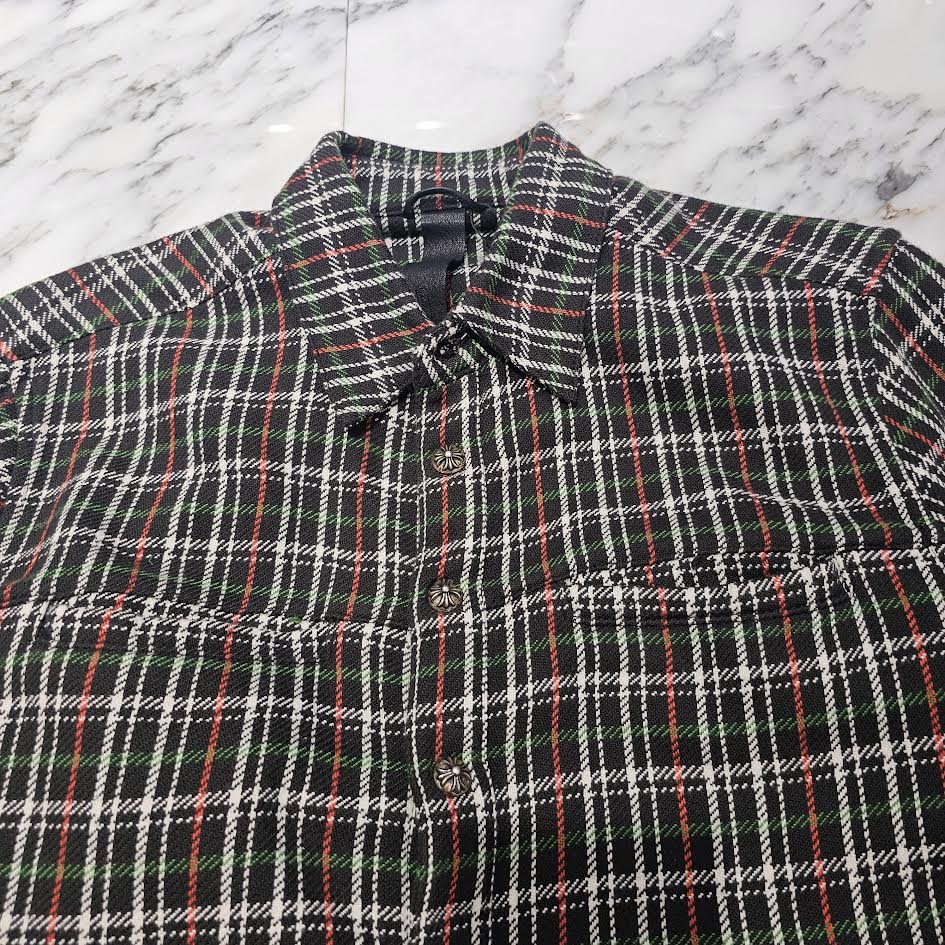 CHROME HEARTS Y NOT Cross Ball Button Cross Leather Patch Check Shirt Size S クロムハーツ ワイノット クロスボールボタン クロスレザーパッチ チェックシャツ サイズS
