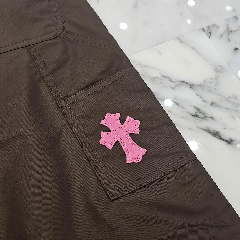 CHROME HEARTS Carpenter Leather Double Knee Nylon Pink Cross Patch Pants Size 36 クロムハーツ カーペンター レザーダブルニー ナイロン ピンク クロスパッチ ロングパンツ サイズ36