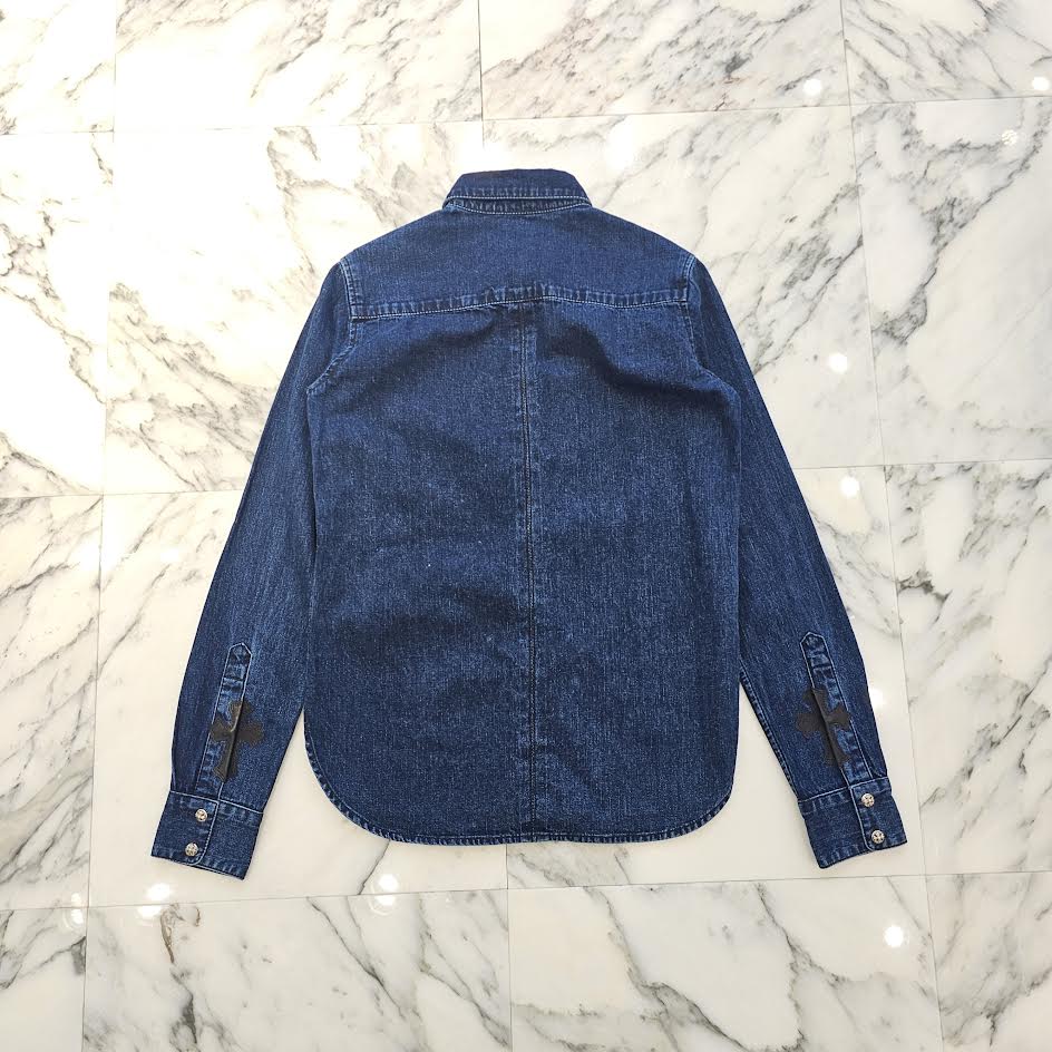CHROME HEARTS Y NOT Leather Cross Patch Denim Shirt Size S クロムハーツ レザークロスパッチ デニムシャツ サイズS