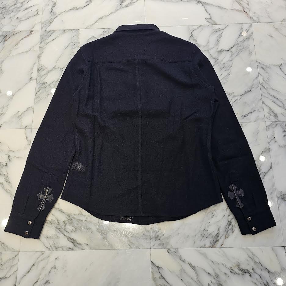 CHROME HEARTS Leather Cross Patch Wool Shirt Size M クロムハーツ レザークロスパッチ ウールシャツ ブラウス サイズM