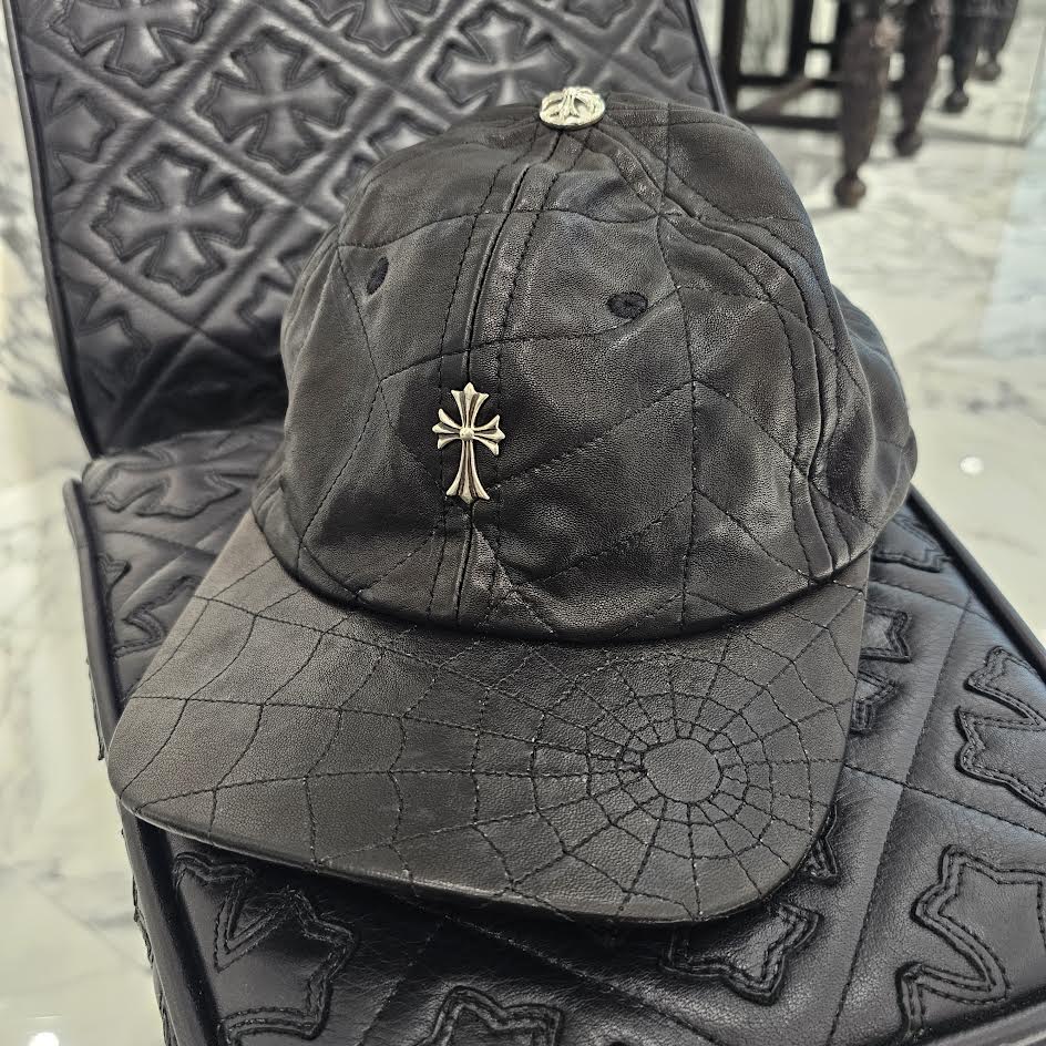 CHROME HEARTS Silver Cross Spider Web Leather Cap Size ONE SIZE