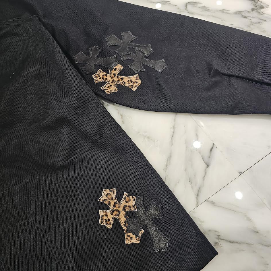 CHROME HEARTS Y NOT WORK DOG Leopard Harako Leather Cross Patch Shirt Jacket Size XXL クロムハーツ ワイノット ワークドッグ レオパード ハラコ レザークロスパッチ シャツジャケット サイズXXL