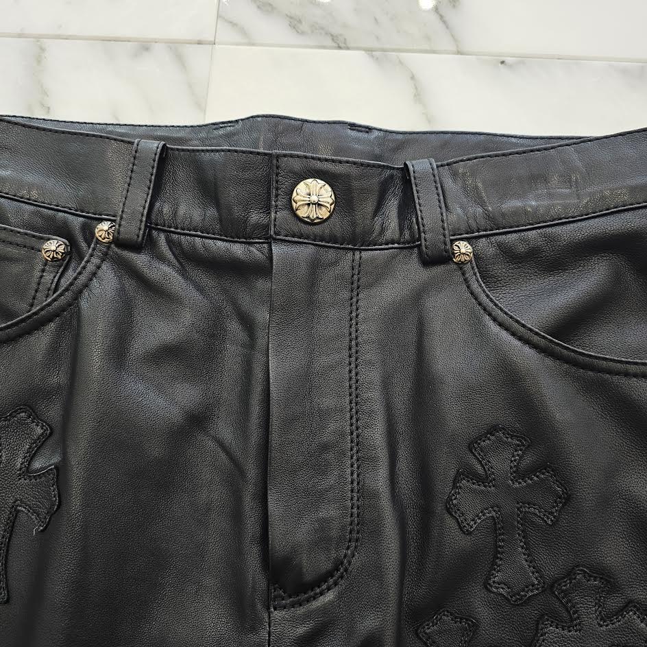CHROME HEARTS Cemetery Leather Cross Patch Flare Knee Soft Leather Long Pants Size 12Y クロムハーツ セメタリーレザー クロスパッチ フレアニー ソフトレザー ロングパンツ サイズ12Y