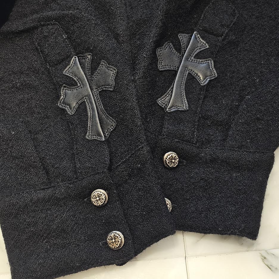 CHROME HEARTS Leather Cross Patch Wool Shirt Size M クロムハーツ レザークロスパッチ ウールシャツ ブラウス サイズM