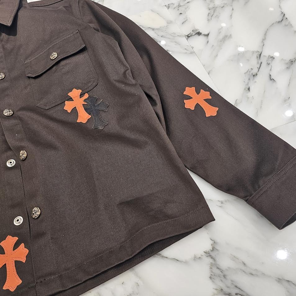 CHROME HEARTS Y NOT WORK DOG Camo Cross Patch × Leather Cross Patch Shirt Jacket Size M クロムハーツ ワイノット ワークドッグ カモクロスパッチ × レザークロスパッチ シャツジャケット サイズM